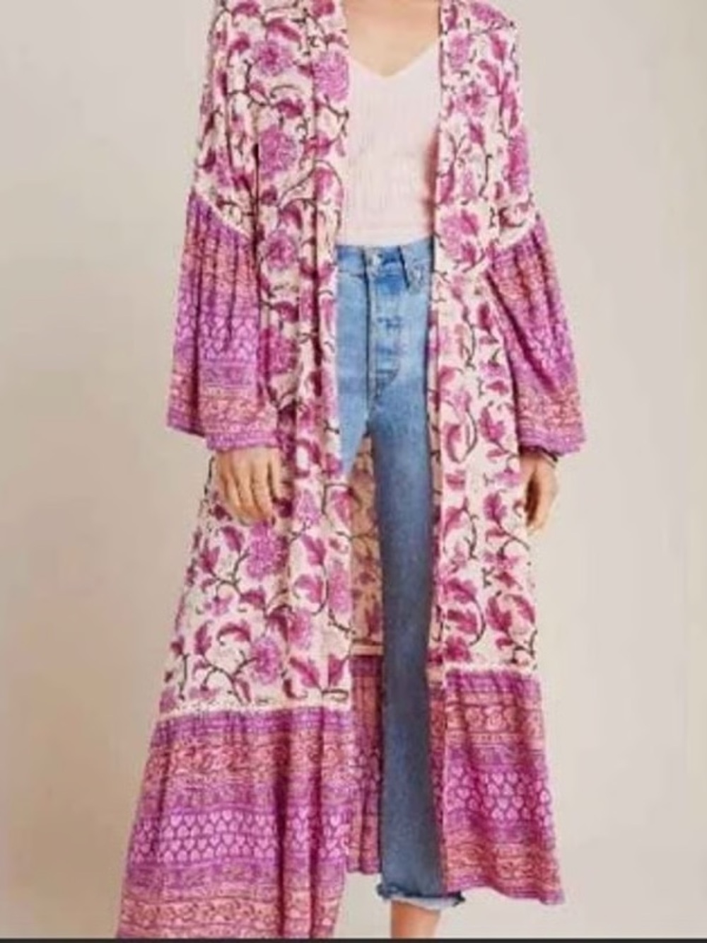 Muche et Muchette Antoinette Duster Open Long Kimono Floral Purple Cream OS